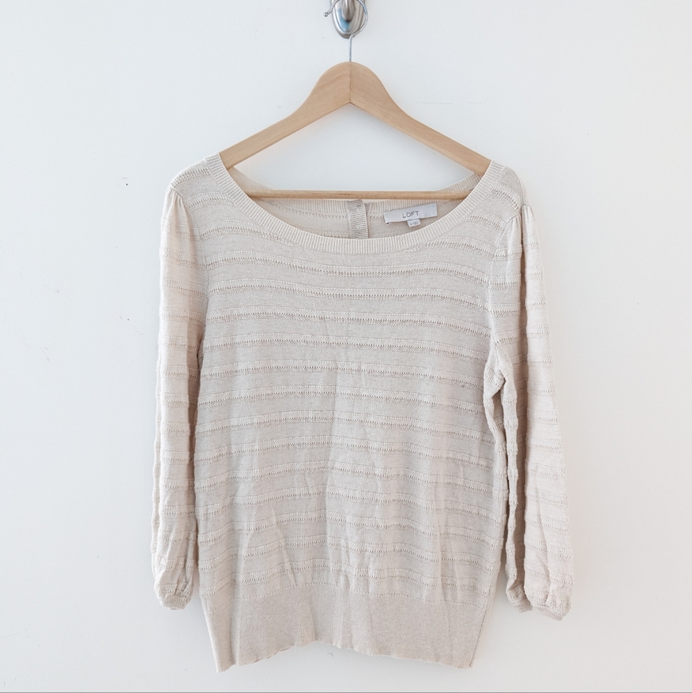 Ann Taylor LOFT Cream Striped Knit Top Button Back Size Medium Office Top
